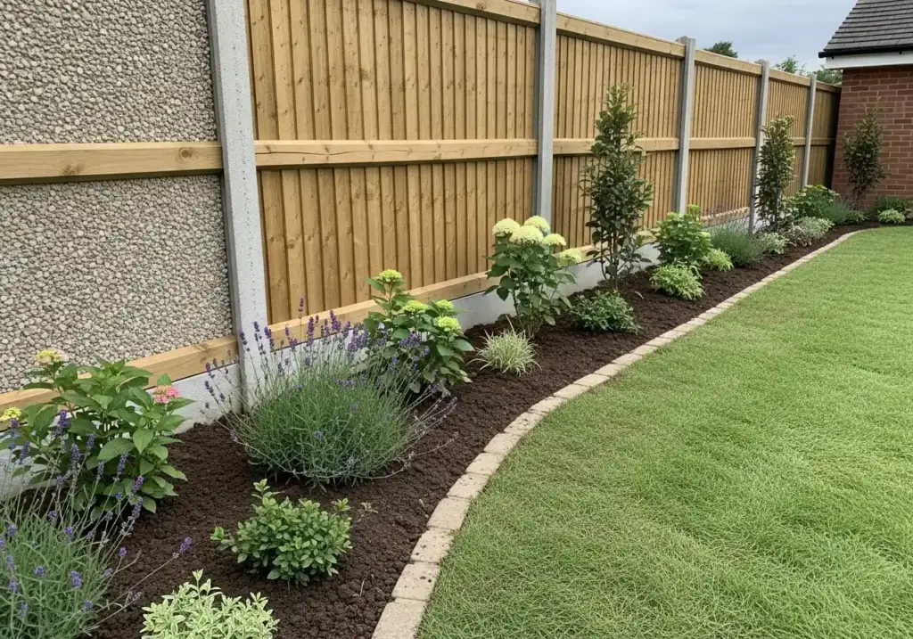 Curved garden border featuring freshly planted lavender, flowering perennials, and dark mulch beds edged with concrete setts alongside a neat turf lawn and wooden fence panels with concrete posts