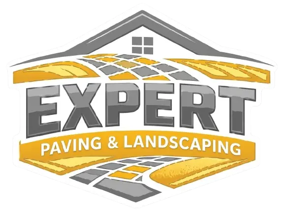 Official brand logo for Expert Paving & Landscaping featuring grey and yellow paver graphics enclosed in a house and roof icon shield