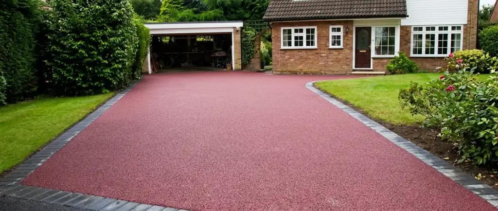 Red resin bound aggregate driveway bordered with dark charcoal cobbles, curving up to a detached brick residential house and separate garage surrounded by landscaped lawns