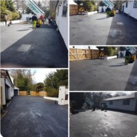 Multi-panel view of commercial contractors resurfacing a large residential asphalt tarmac driveway using a heavy roller and delivery truck alongside a modern white property