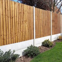 Modern vertical timber slat fence panels installed with sturdy concrete posts and smooth concrete gravel boards above a garden bed and green lawn